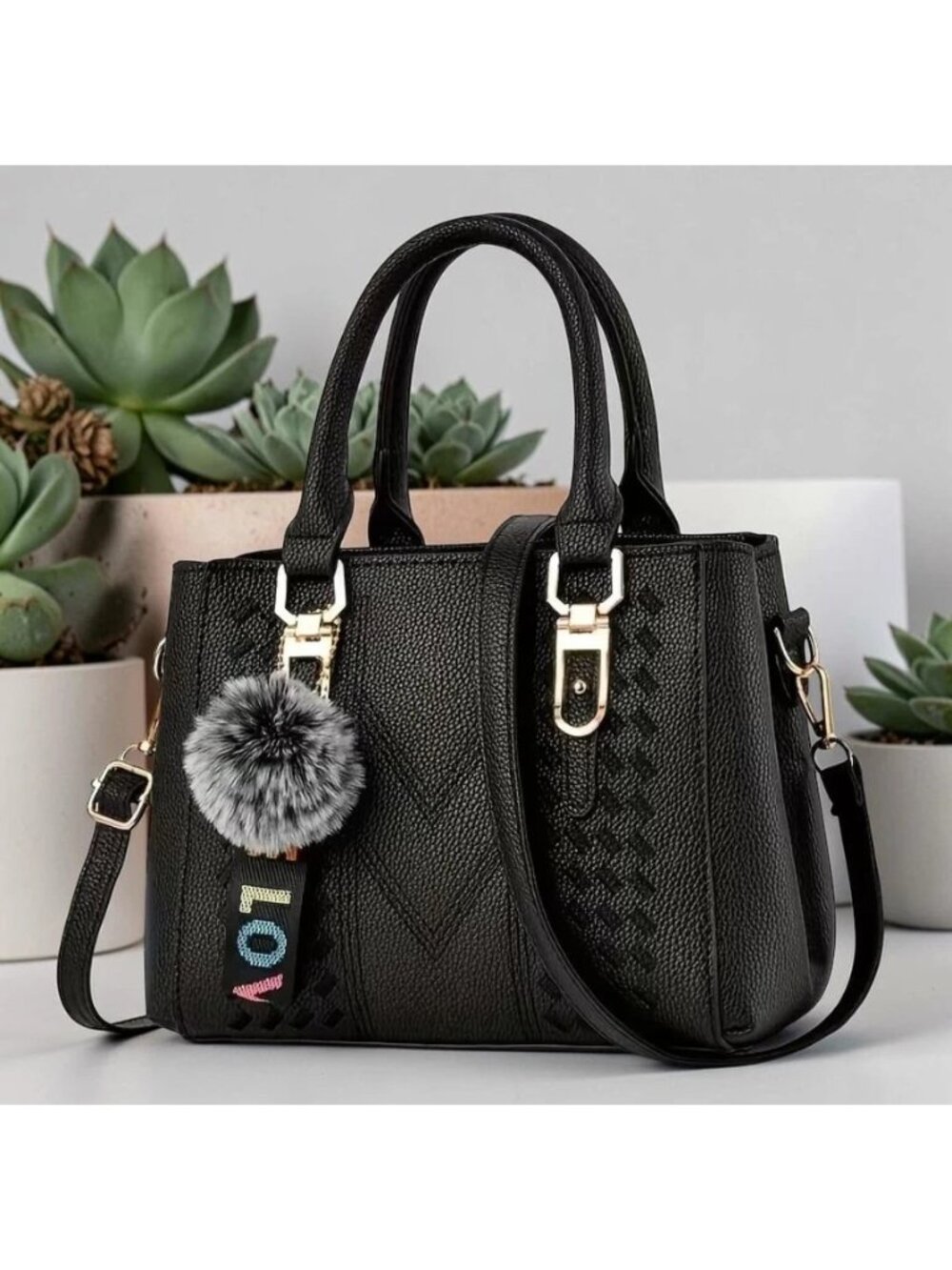 Women’s Fashion Embroidered Bag Black Faux Leather